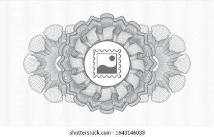 Grey money style emblem or rosette with picture icon inside