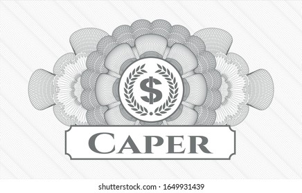 Grey money style emblem or rosette with laurel wreath with money symbol inside icon and Caper text inside