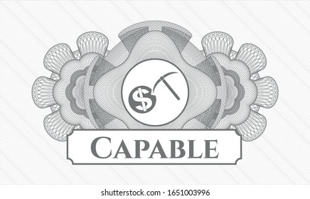 Grey money style emblem or rosette with cryptocurrency mining icon and Capable text inside
