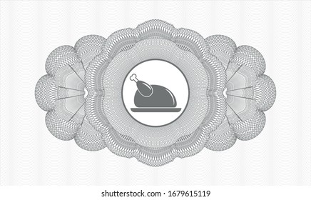 Grey money style emblem or rosette with chicken dish icon inside