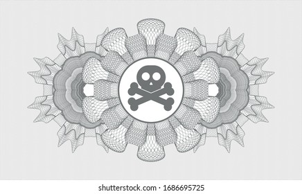 Grey money style emblem or rosette with crossbones icon inside