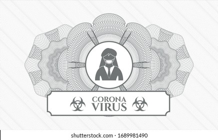 Grey money style emblem or rosette with woman wearing face mask icon and Coronavirus text inside