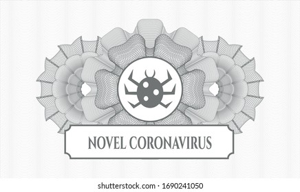 Grey money style emblem or rosette with bug icon and Novel Coronavirus text inside