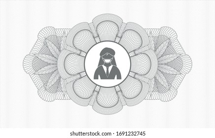 Grey money style emblem or rosette with woman wearing face mask icon inside