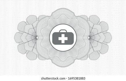 Grey money style emblem or rosette with medical briefcase icon inside