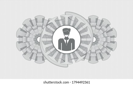 Grey money style emblem or rosette. Vector Illustration. Detailed with man wearing face mask icon inside