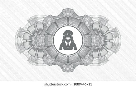 Grey money style emblem or rosette. Vector Illustration. Detailed with woman wearing face mask icon inside