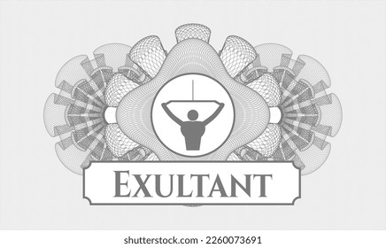 Grey money style emblem or rosette. Vector Illustration. Detailed with lat pull down, exercise icon and Exultant text inside