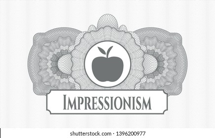 Grey money style rosette with apple icon and Impressionism text inside