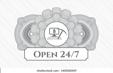 Grey money style rosette with bitcoin mining icon and Open 24/7 text inside