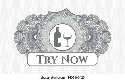 Grey money style rosette with bottle and glass of wine icon and Try Now text inside