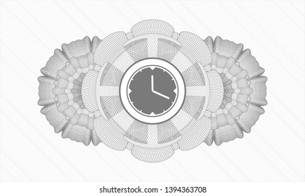 Grey money style rosette with clock, time icon inside