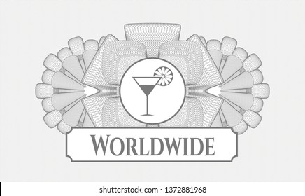 Grey money style rosette with cocktail glass icon and Worldwide text inside