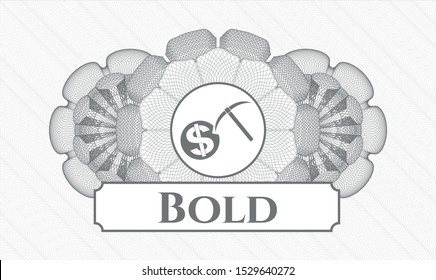 Grey money style rosette with cryptocurrency mining icon and Bold text inside
