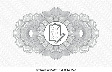 Grey money style rosette with customer feedback icon inside