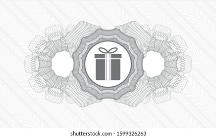 Grey money style rosette with gift box icon inside