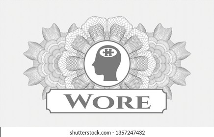 Grey money style rosette with head with jigsaw puzzle piece icon and Wore text inside