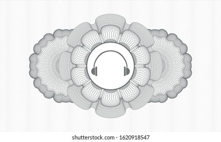 Grey money style rosette with headphones icon inside