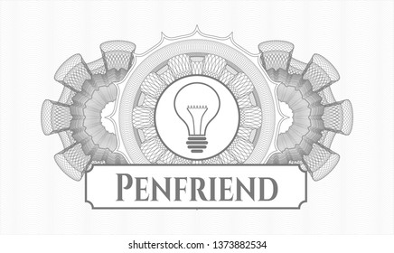 Grey money style rosette with idea icon and Penfriend text inside