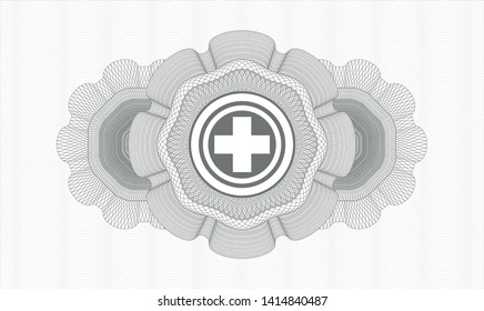 Grey money style rosette with medicine icon inside