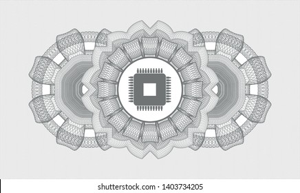 Grey money style rosette with microchip, microprocessor icon inside