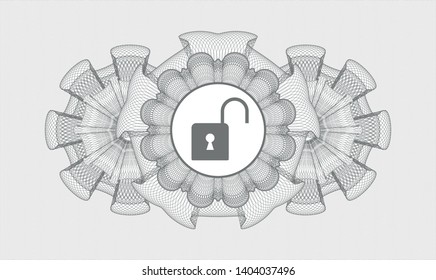 Grey money style rosette with open lock icon inside