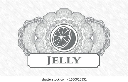 Grey money style rosette with orange icon and Jelly text inside