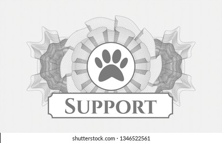 Grey money style rosette with paw icon and Support text inside