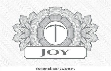 Grey money style rosette with pickaxe icon and Joy text inside