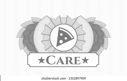 Grey money style rosette with pizza slice icon and Care text inside