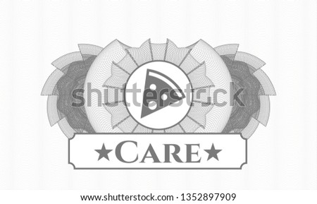 Grey money style rosette with pizza slice icon and Care text inside