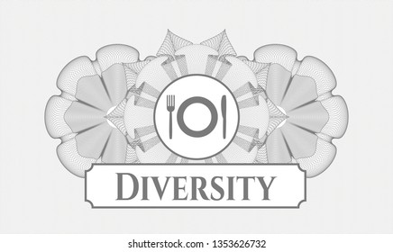 Grey money style rosette with restaurant icon and Diversity text inside
