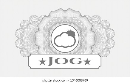 Grey money style rosette with sun behind cloud icon and Jog text inside