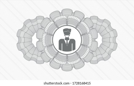 Grey money style rosette. Vector Illustration. Detailed with man wearing face mask icon inside