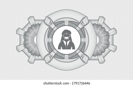 Grey money style rosette. Vector Illustration. Detailed with woman wearing face mask icon inside