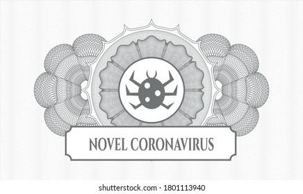 Rosette mit grauem Geld. Vektorgrafik. Detaillierte Beschreibung mit Fehlersymbol und Novel Coronavirus-Text im Inneren