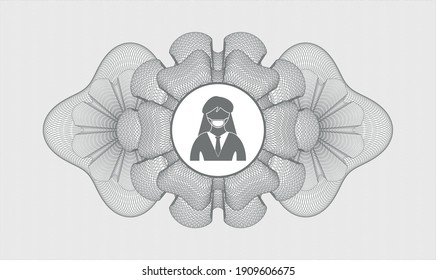Grey money style rosette. Vector Illustration. Detailed with woman wearing face mask icon inside