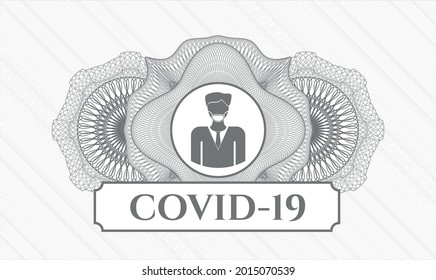 Grey money style rosette. Vector Illustration. Detailed with man wearing face mask icon and COVID-19 text inside