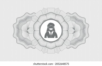 Grey money style rosette. Vector Illustration. Detailed with woman wearing face mask icon inside