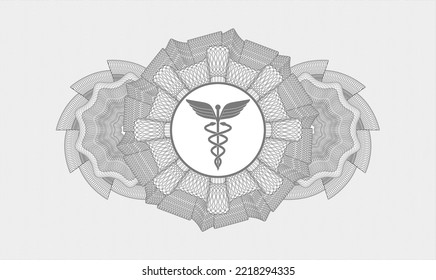 Grey money style rosette. Vector Illustration. Detailed with Caduceus medical icon inside