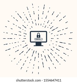 Grey Monitor with password notification and lock icon isolated on beige background. Security, personal access, user authorization, login form. Abstract circle random dots. Vector Illustration