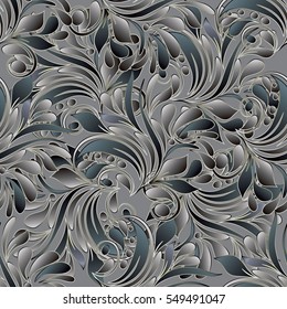 Grey monochrome elegant floral seamless pattern background wallpaper illustration with vintage hand drawn 3d flowers leaves and paisley ornaments.Ornate luxury  decor with shadows and highlights