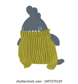Grey monster is cold and put on a yellow sweatshirt.