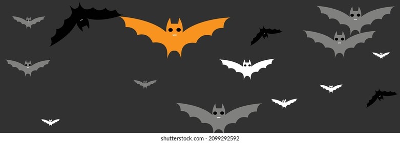 Grey Monster Gothic Cartoon Fear Halloween Art Illustration. Spooky Mysterious Vampire Black Horror Bats. Party Sky Orange White Creepy Bats Background. Faces Chaos Scary Funny Dracula Backdrop.