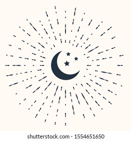 Grey Moon and stars icon isolated on beige background. Abstract circle random dots. Vector Illustration