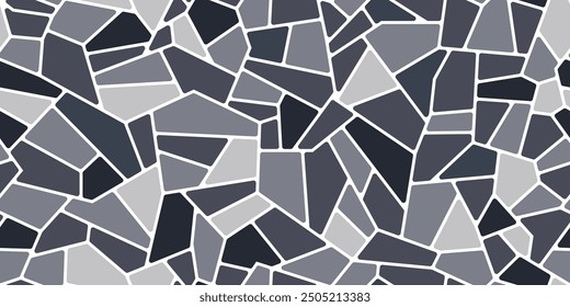 Grey mosaic stone floor, splinter tile pattern paving background. Floor and wall tile rock texture, pavement, garden path and street sidewalk top view pattern with gravel or flagstone blocks