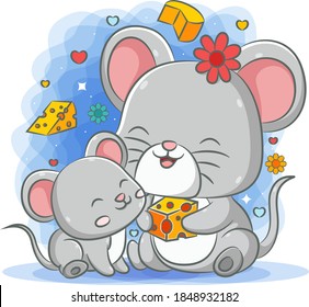 The grey mother mouse giving the cheese to her baby mouse
