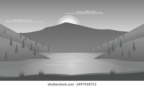 Grey Mountain and Lake Scenery Vector Monochrome Wallpaper