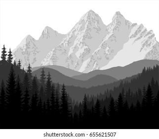 Grey mountains forest retro vintage vector background illustration.