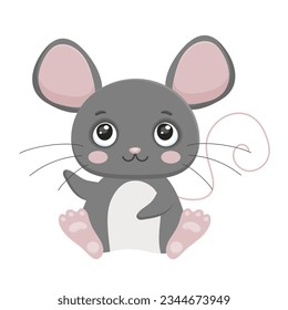 Grey mouse. Cartoon animal character. Cute art. Little mammal. Adorable pet. Childish drawing. Sitting rodent. Minimalistic design. Isolated on white background. Vector illustration